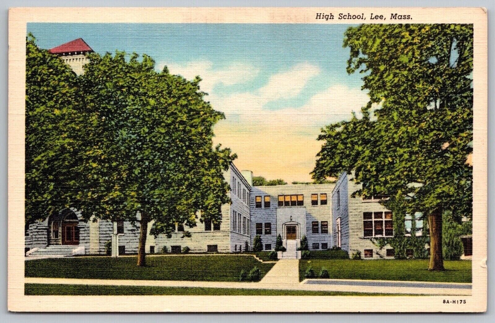 High School Campus Lee Massachusetts Street View Linen Mass MA VNG UNP Postcard