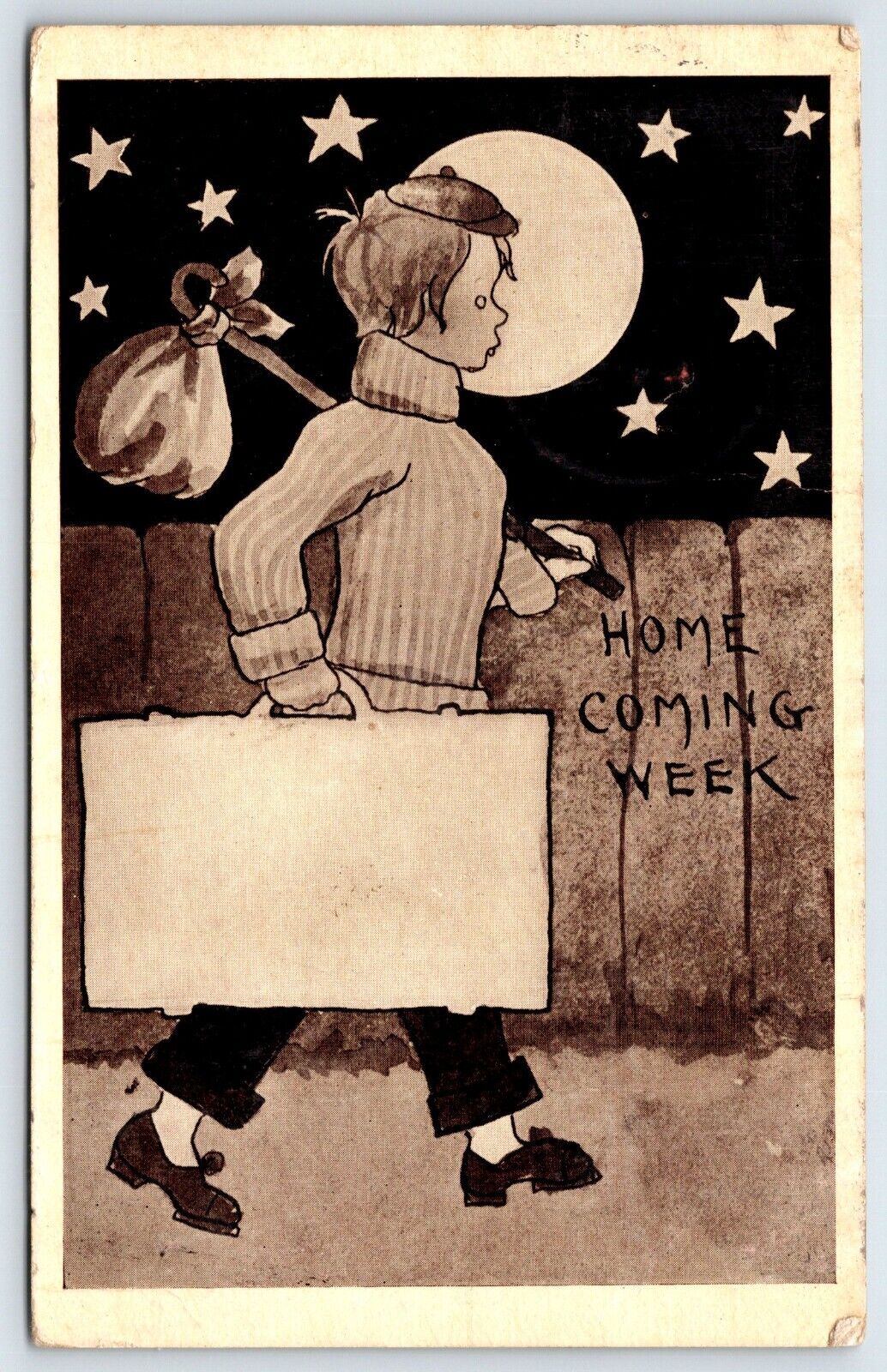 Vintage Homecoming Week Postcard c1911 Student with Suitcase Black and White