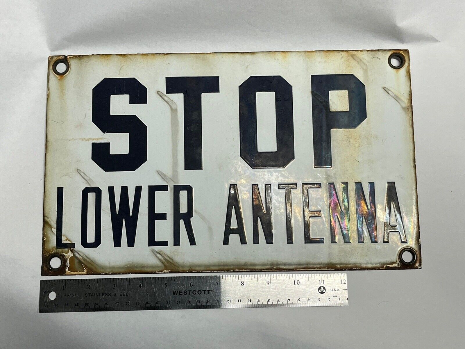 Stop LOWER ANTENNA Original Old Porcelain Sign Shop Car Industrial RR Factory