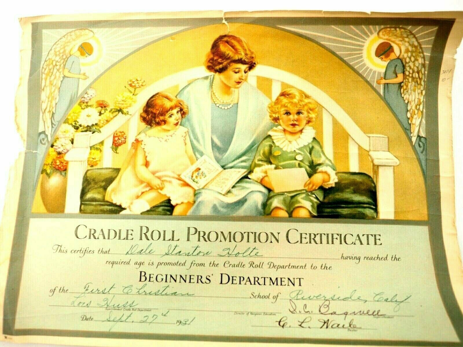 Cradle Roll Promotion Certificate Dale Holte Riverside Calif. 1931
