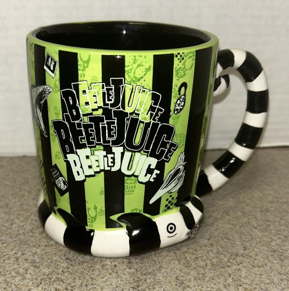 BeetleJuice 22oz Ceramic Coffee Mug Worm Black Green Striped Snake Wrapped