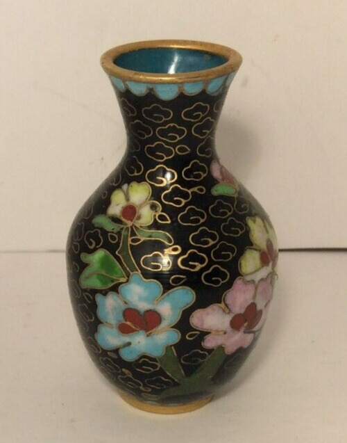 Vintage Miniature Cloisonne Black Vase