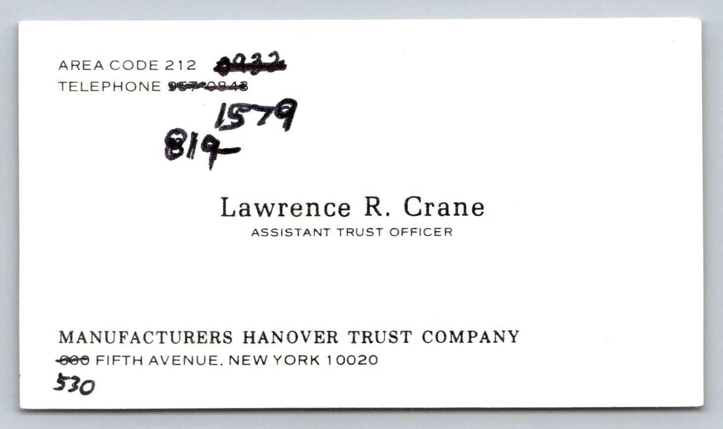 Vintage Business Card Lawrence Crane Manufacturers Hanover Bank New York 5th Ave