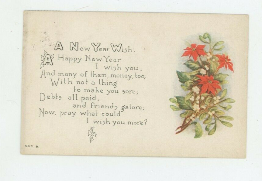 Vintage New Year  Postcard  POINTSETTIA & MISTLETOE    POSTED 1918