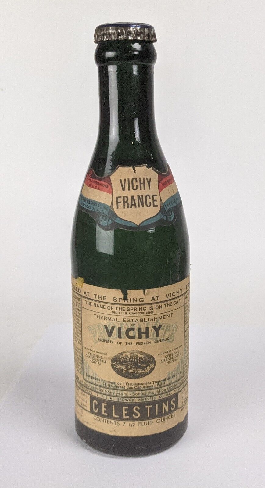 Vichy-Etat France Célestins Glass Water Bottle Sealed 7.5oz Rare Antique Vintage