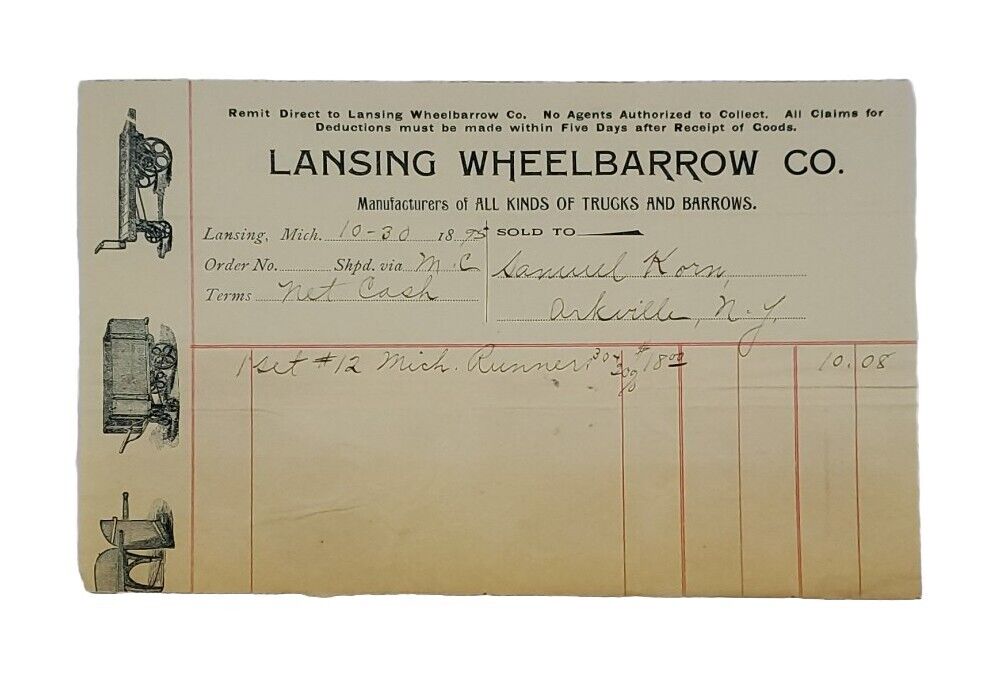 1895 Original Billhead: Lansing, MI, Lansing Wheelbarrow Co Pictorial