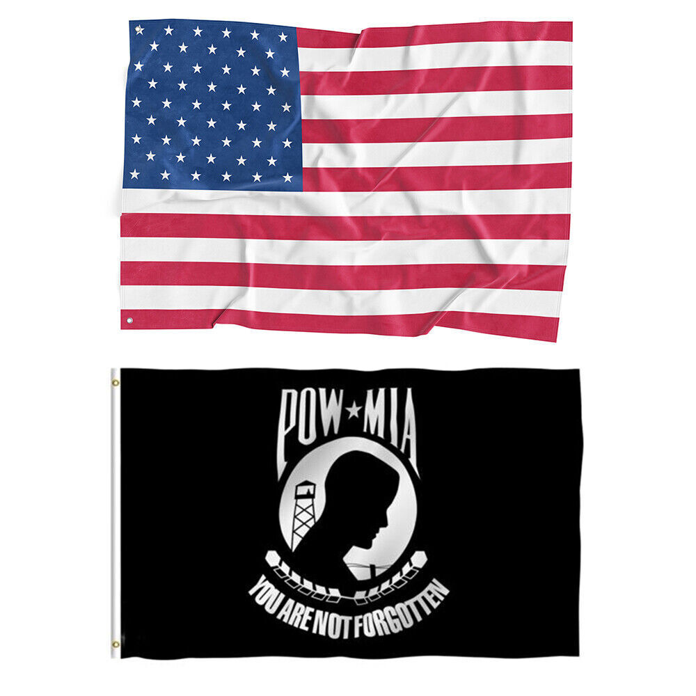 2PCS 3X5FT Flags POW MIA PRISONER OF WAR MISSING IN ACTION And AMERICAN USA FLAG