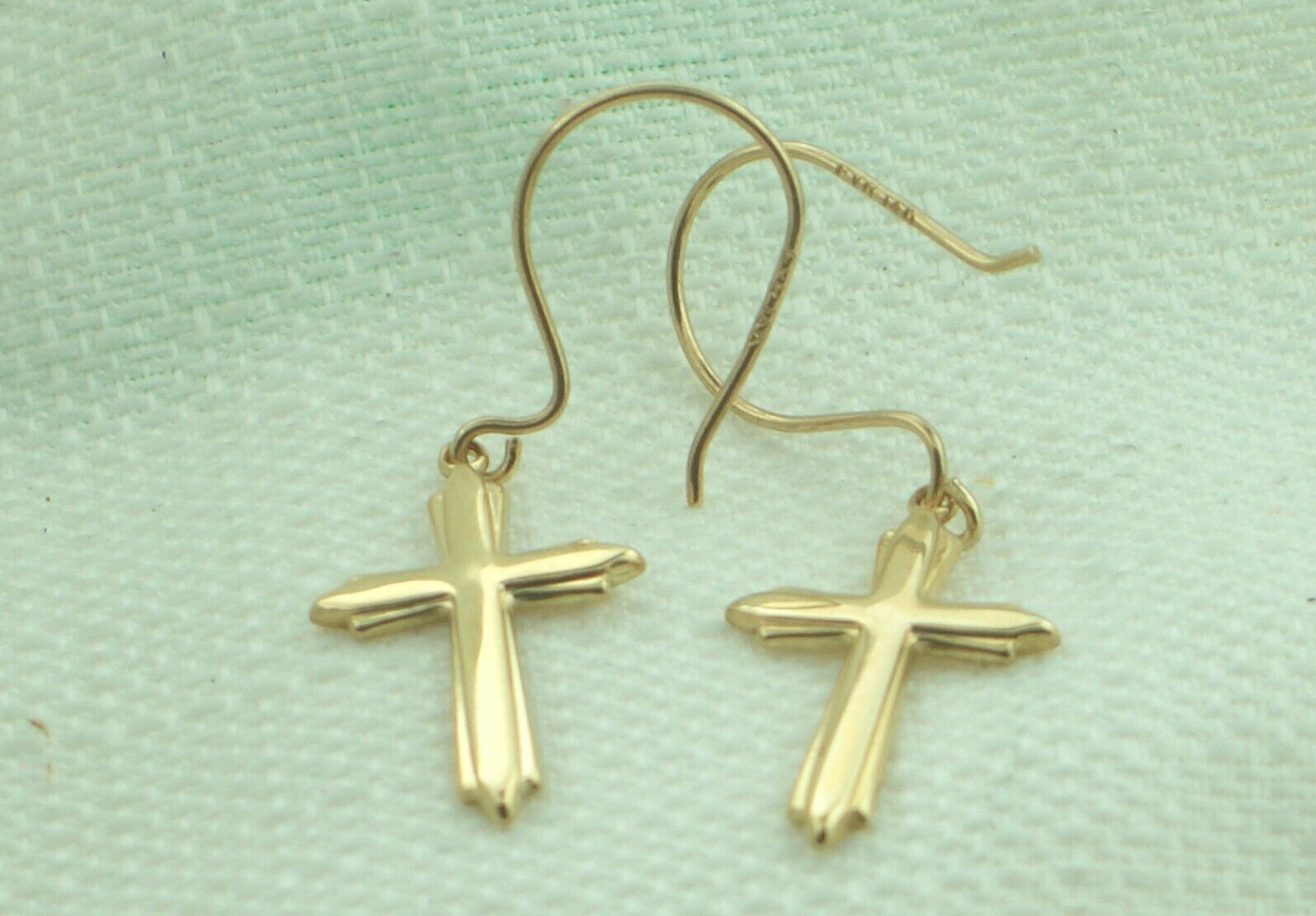 14K Yellow Gold Designer Hook Cross Earrings Religious Designer Dangle Sunray