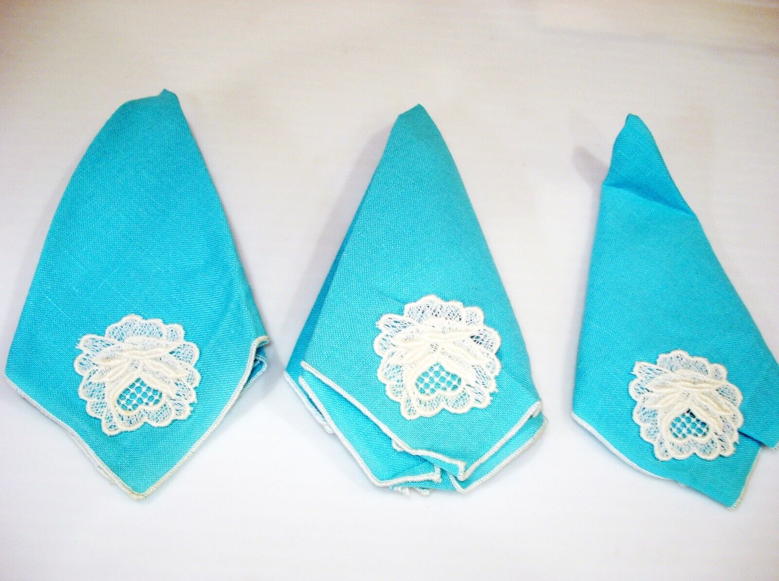 3  Teal Blue Napkins With White Embroibery Flowers
