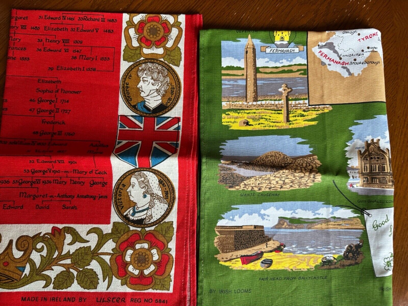 NWOT 2 Irish Tea Towels. The Royal Lineage ( red) & Irish Landmarks ( green)