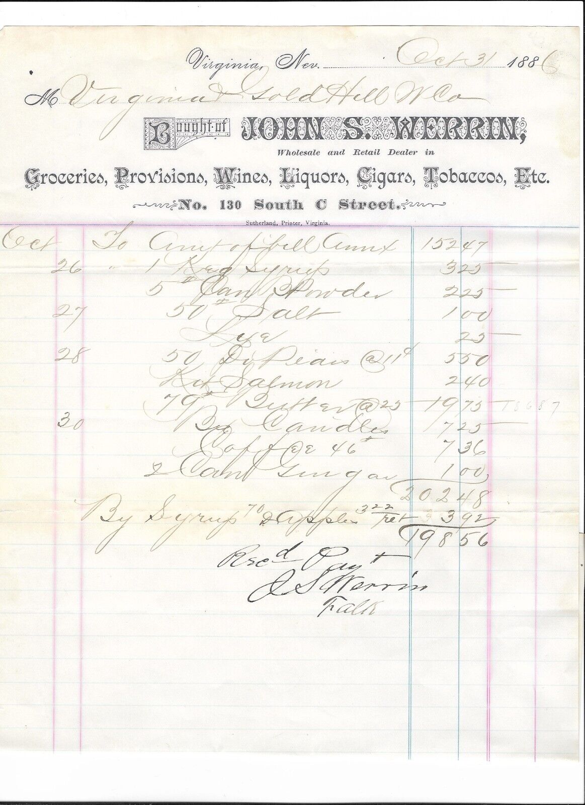 1886 VIRGINIA CITY, NEVADA Brewery / Saloon Billhead: John S. Werrin (Comstock)