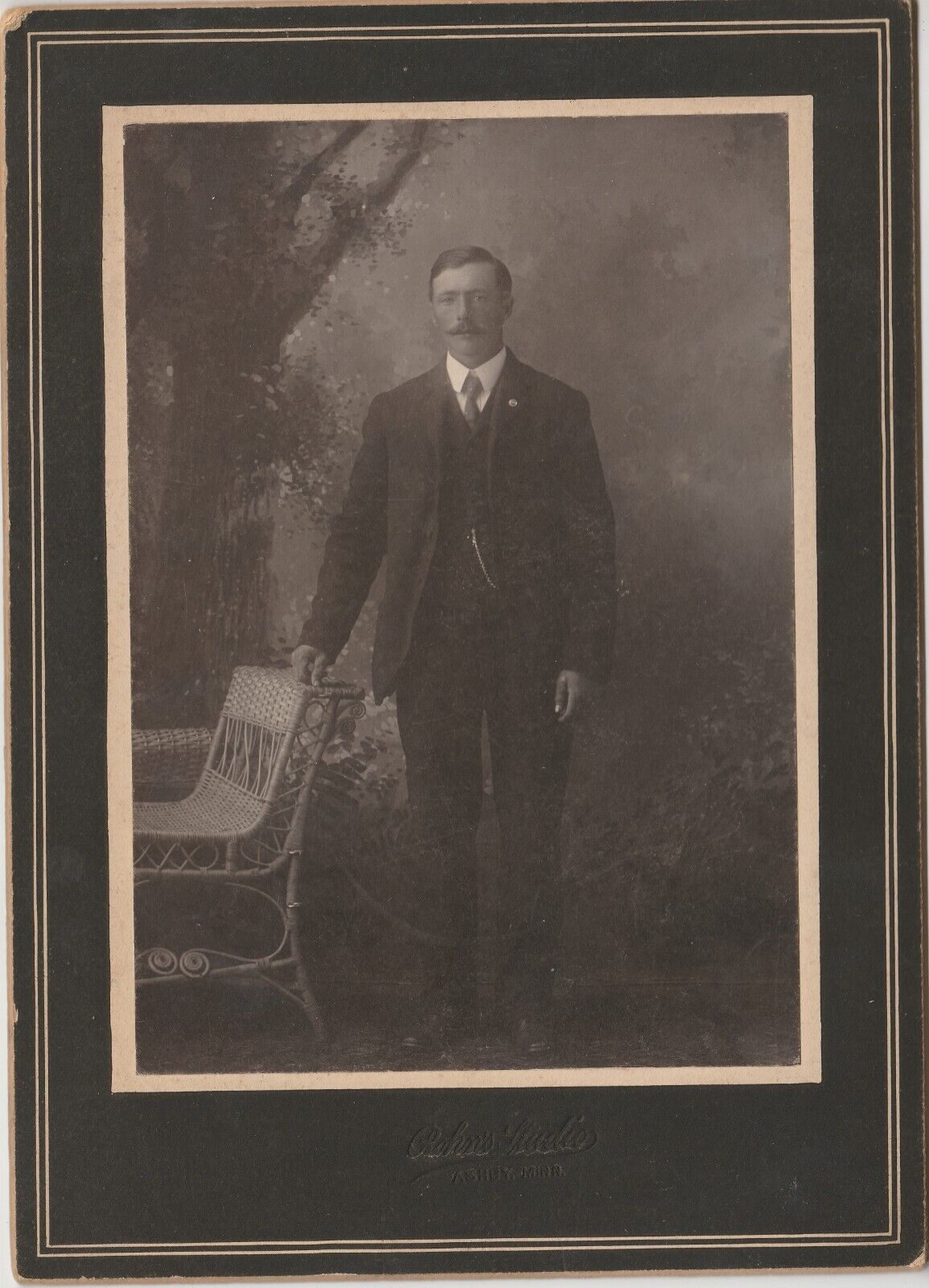 Cabinet Card Antique Photo Male Standing Mustache Chair Tree Pocket Watch pin