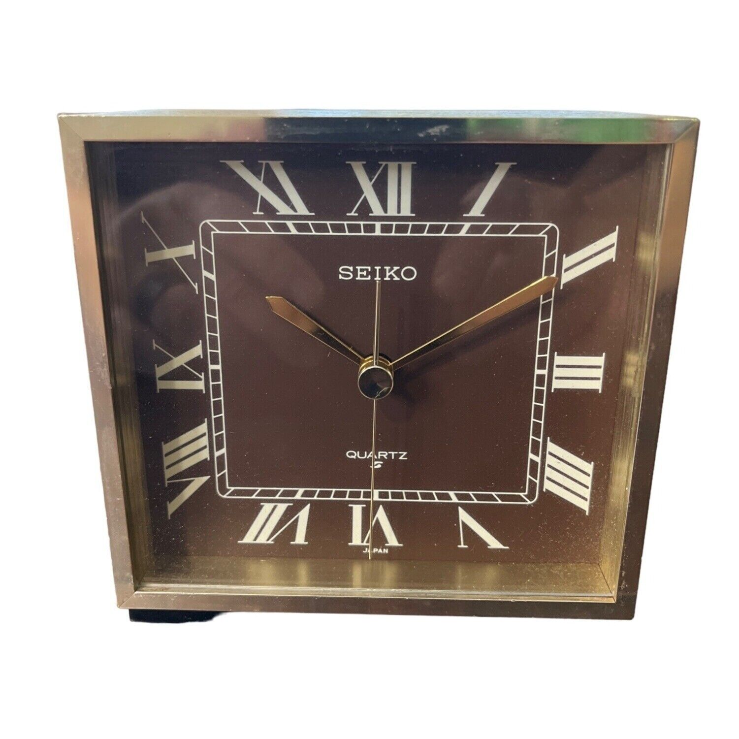 Seiko Quartz Table Clock Japan Metal QZ586 Roman Numeral Square Vintage