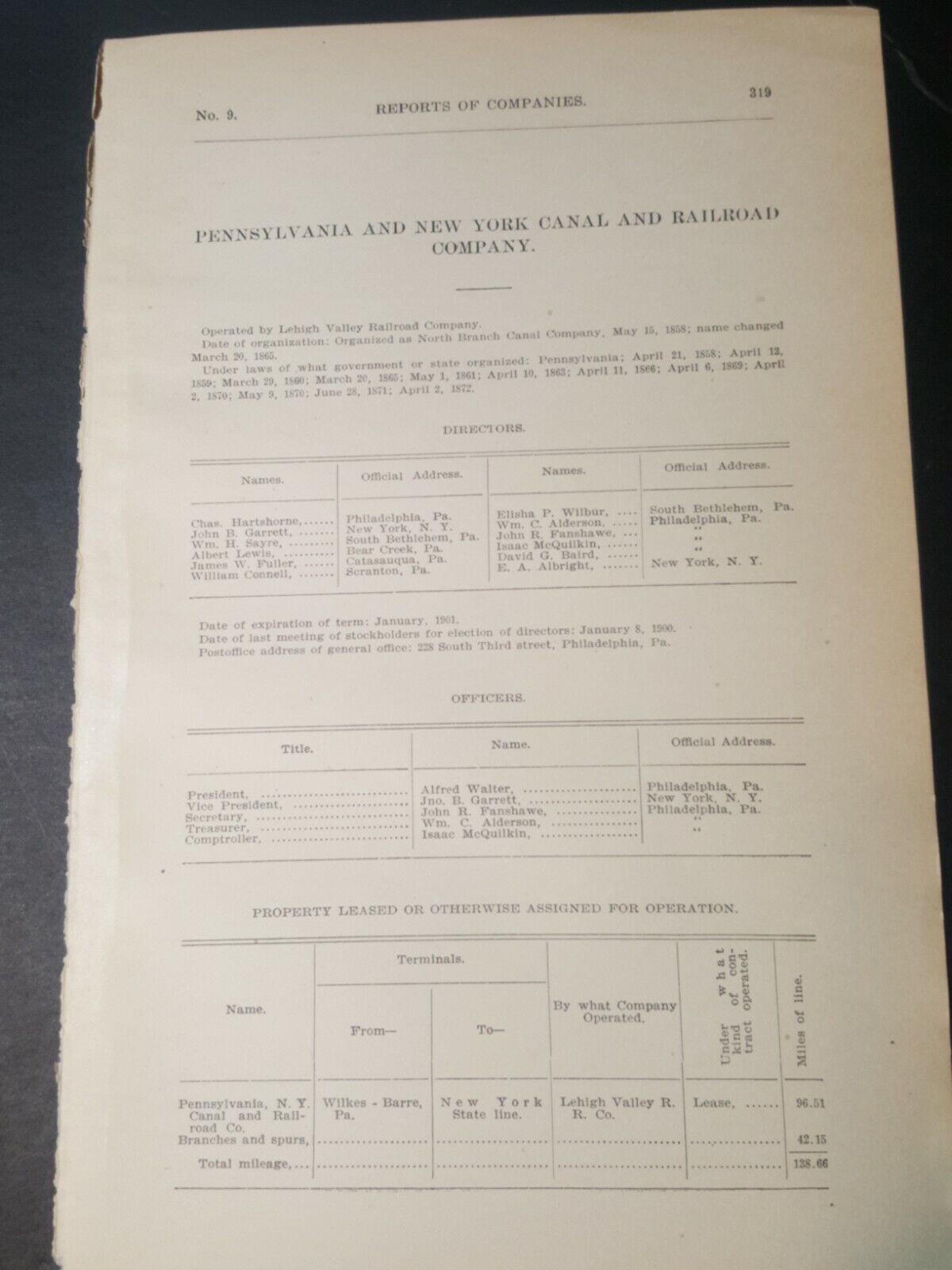 1901 train document Pennsylvania & New York Canal & Railroad COMPANY Wiles Barre