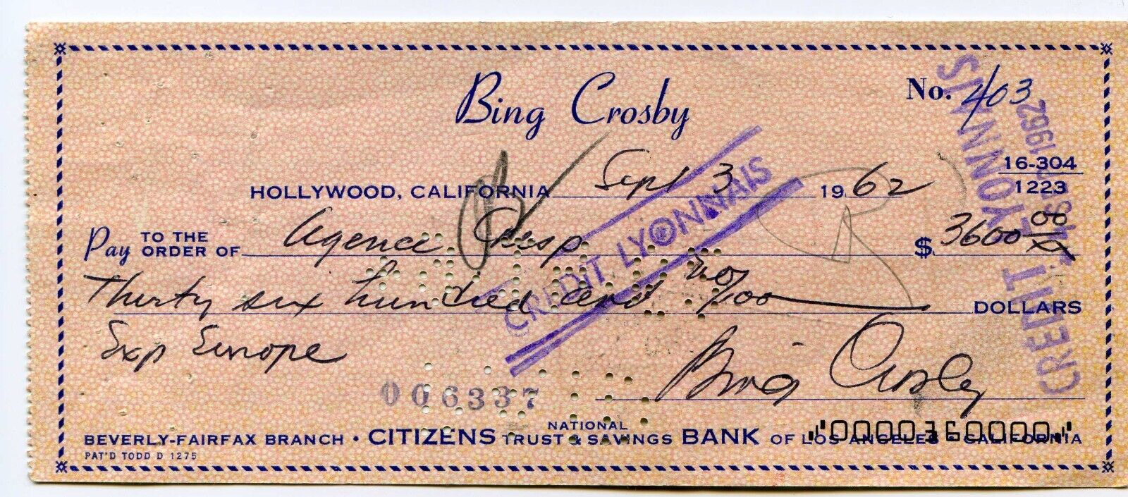 BING CROSBY AUTOGRAPHED SIGNED BANK NOTE CHECK September 1962 Original Cheque