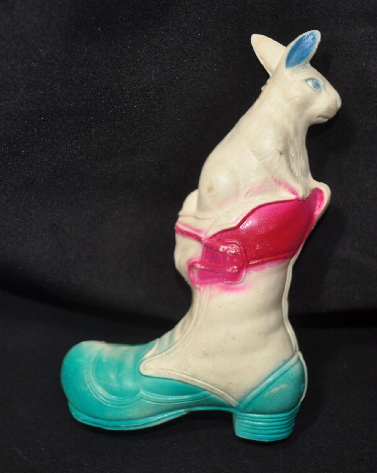 ANTIQUE 1920'S SIGNED VISCOLOID EASTER BUNNY IN SHOE CELLULOID TOY