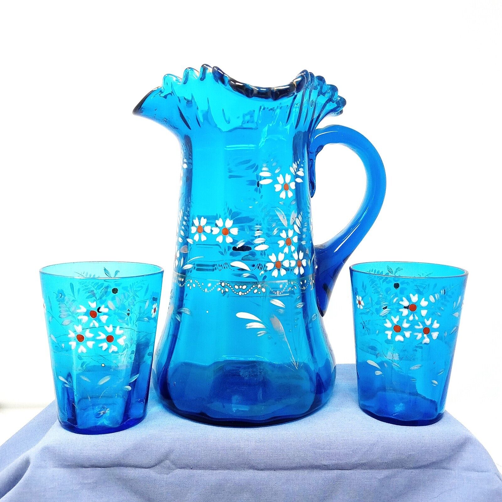 Antique Victorian Ruffled Pitcher 2 Tumblers Blue Hand Blown Painted Flowers