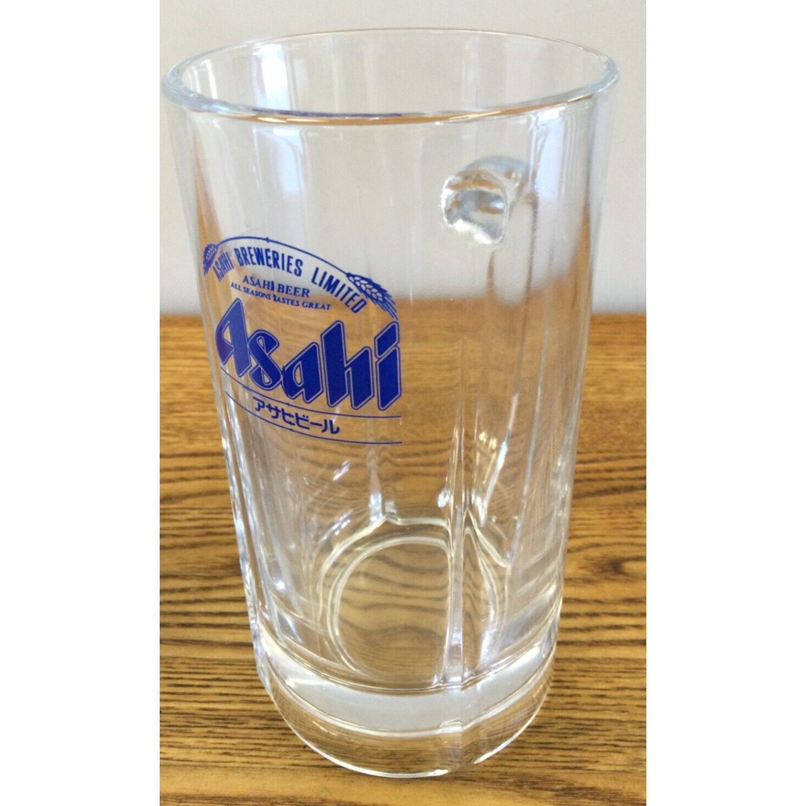 Asahi Beer Mug 12oz Japanese Brewery Collectible Blue Print Logo Drinking Glass