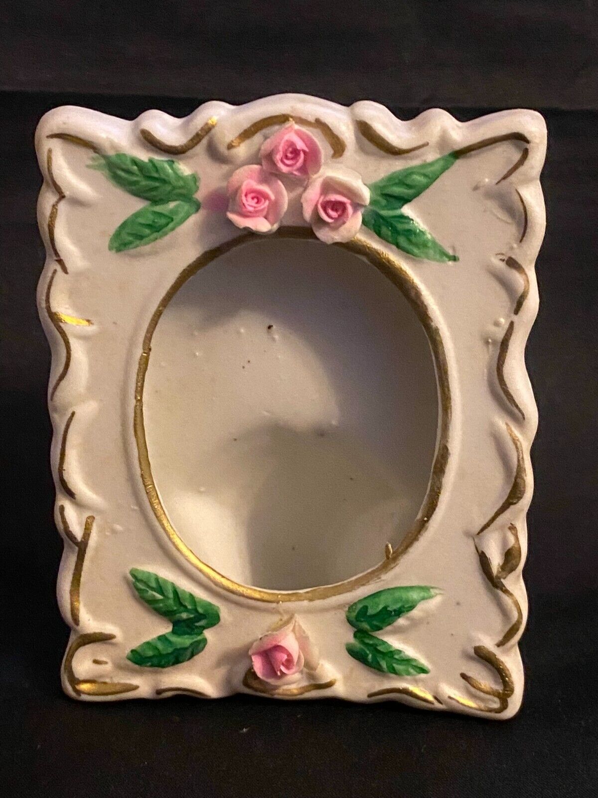 Vintage Picture Frame Porcelain Rose Flowers Floral Oval 1X2 Photo Table Mantle
