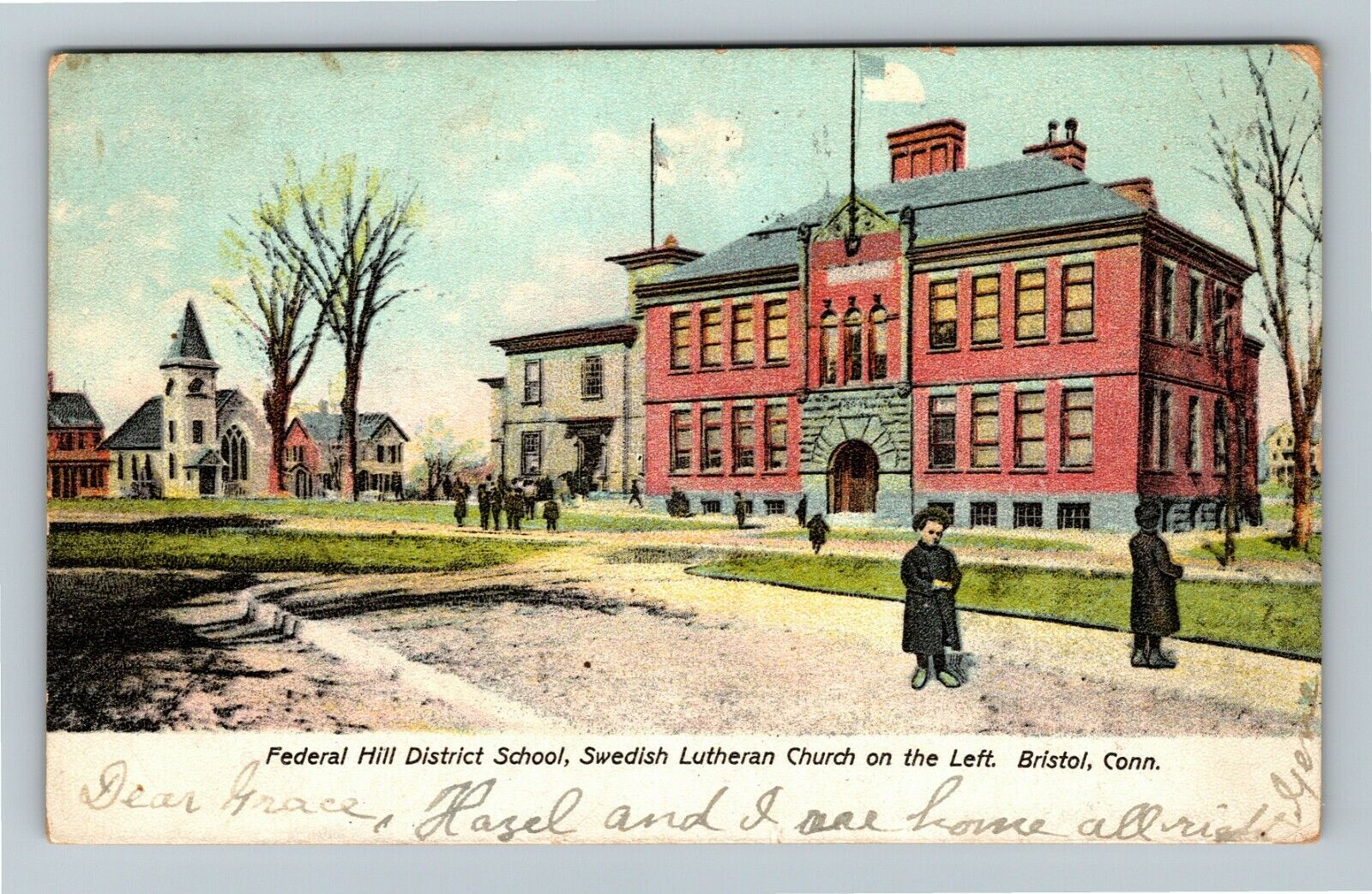 Bristol CT-Connecticut, Federal Hill District School, Church Vintage Postcard