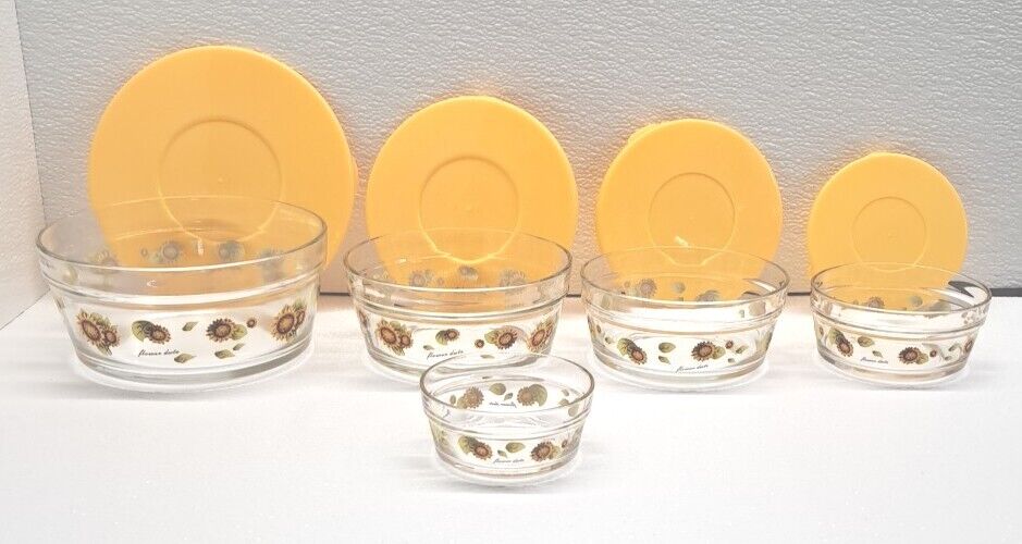 RARE 5 Sunflower Vintage Glass Bowl Set WITH 4 LIDS Flower Dute Heat Resistant