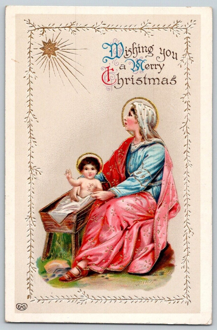 Embossed Postcard~ Wishing You A Merry Christmas~ Jesus, Mary, & The North Star