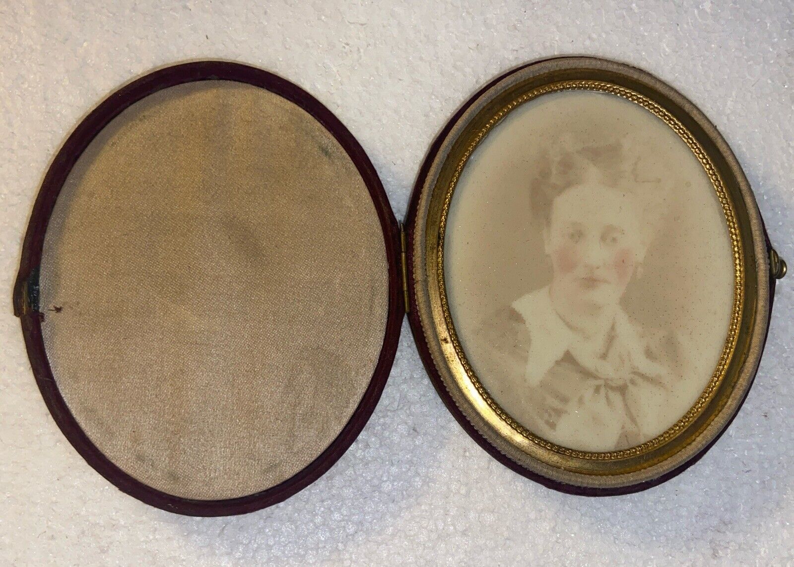 Photo of a Woman On Porcelian in Oval Velvet Case Circa 1850s-1860s Apprx 4”x 3”