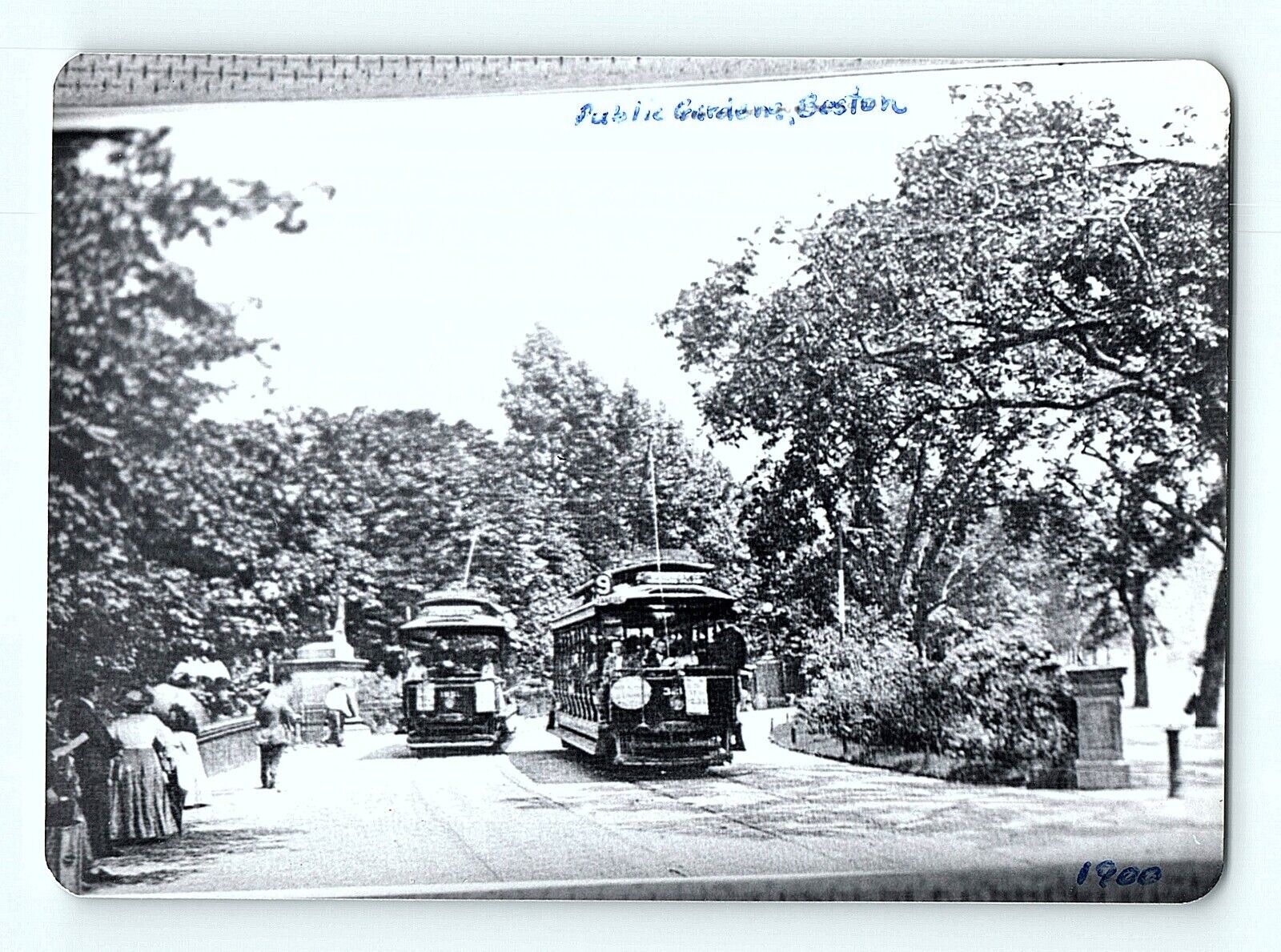 1900 Public Gardens Boston Trolley Cars Victorian Dress RPPC Postcard F1