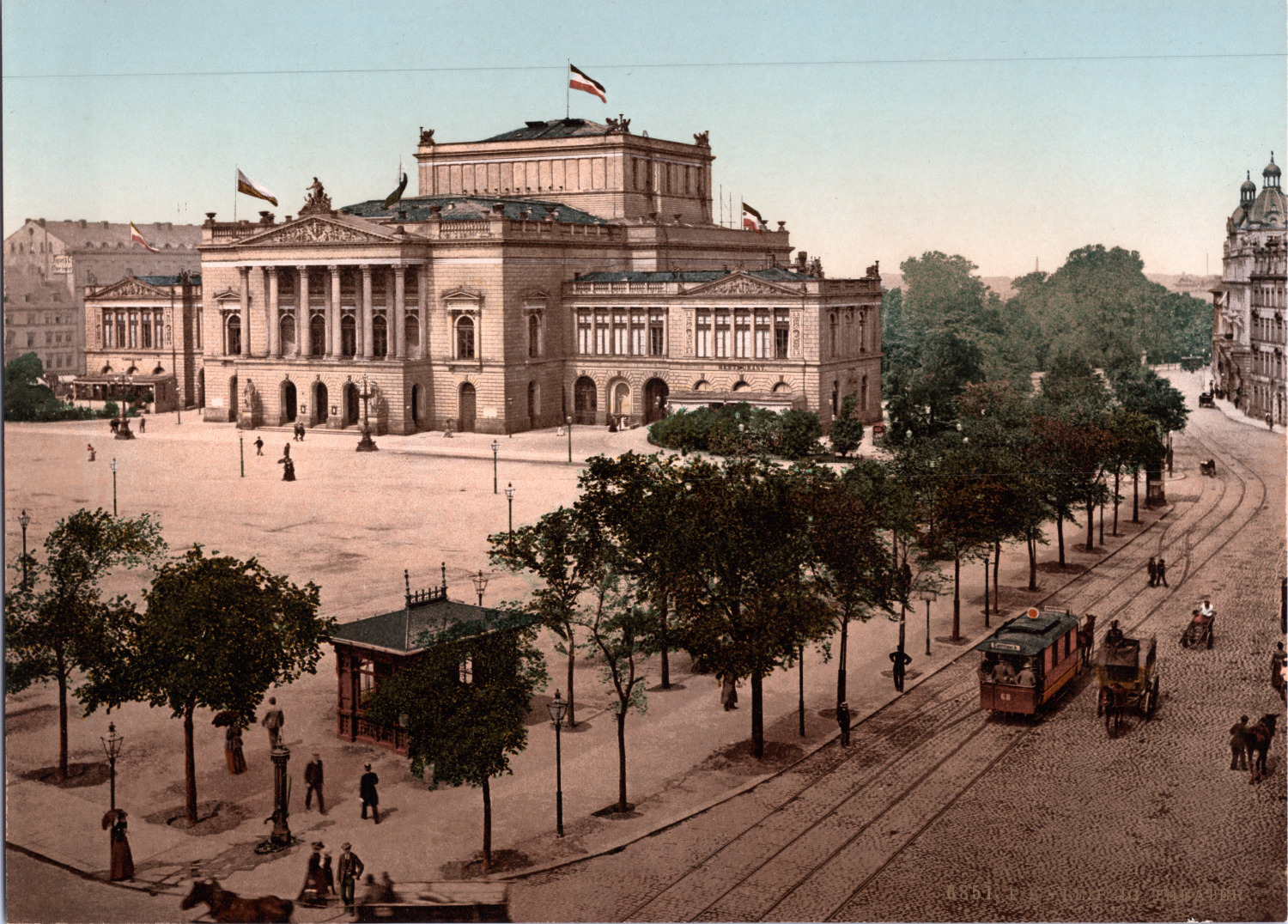 Germany, Leipzig. Augustus Platz with Theatre. vintage print photochrome, v