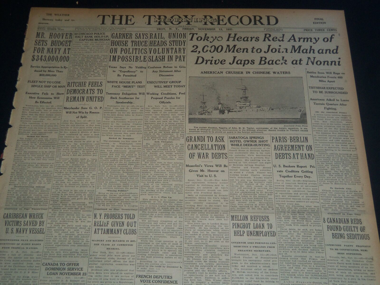 1931 NOV 13 TROY MORNING RECORD - 2000 MEN JOIN MAH TO DRIVE JAPS - NT 7482