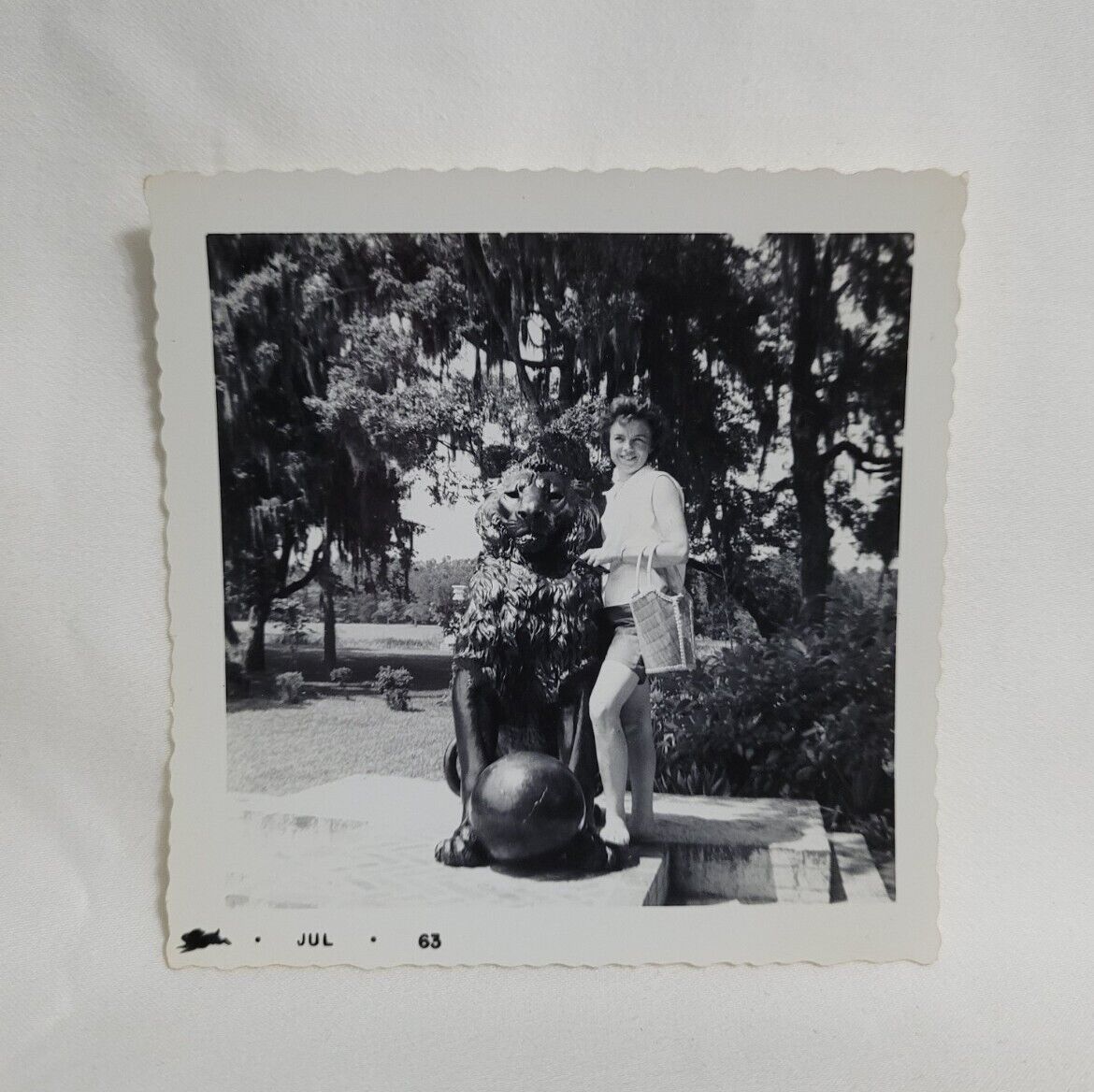 Vintage Photograph Pretty Stylish Brunette Woman Posing Statue Legs Purse 1963