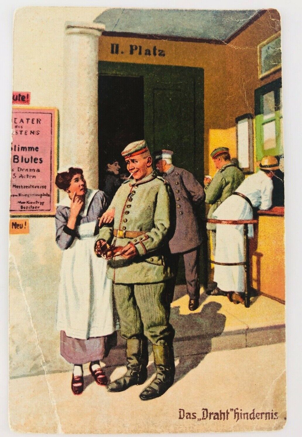 Das Draht Hindernis German WWI Postcard Military Humor The Wire Barrier Soldier