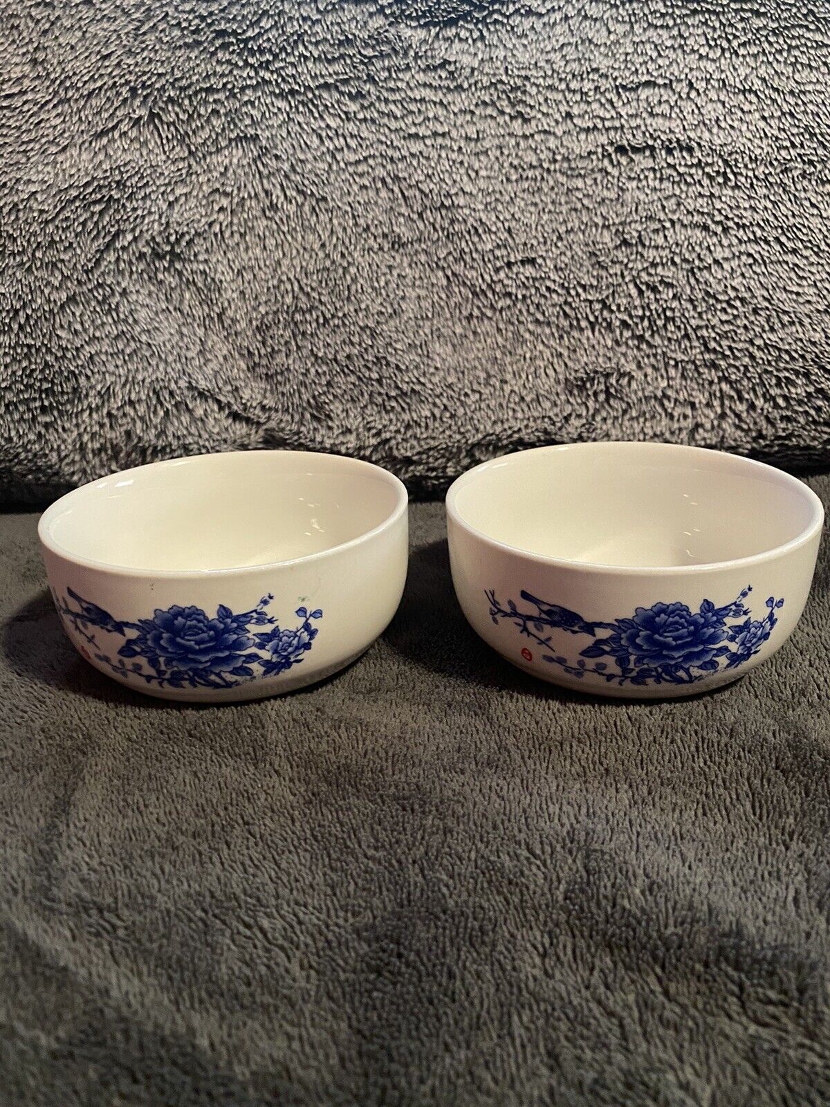 Vintage Soup Bowls Blue Flower Chinese White Lot Of 2