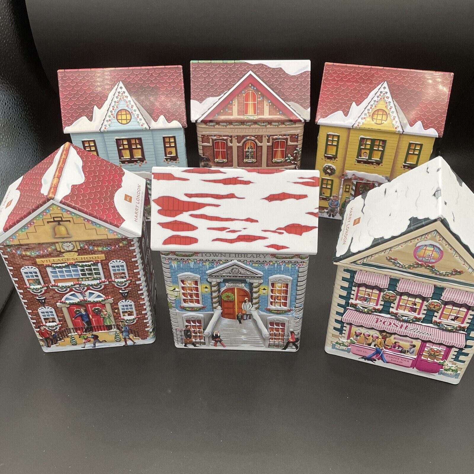 Harry London - Christmas Winter Village - Tin Buildings Houses - Set of 6
