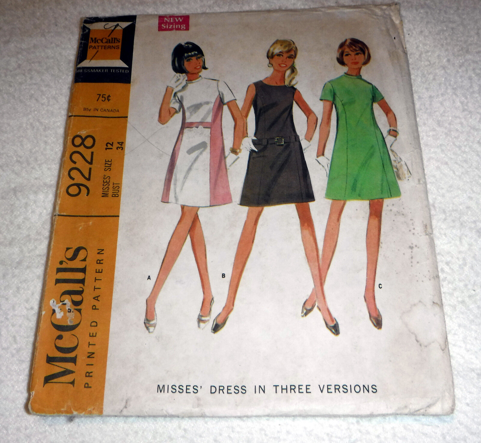 VTG 1968 McCalls 9228 Sewing Pattern Dress Belt Retro Mod Women's Sz 12, Bust 34