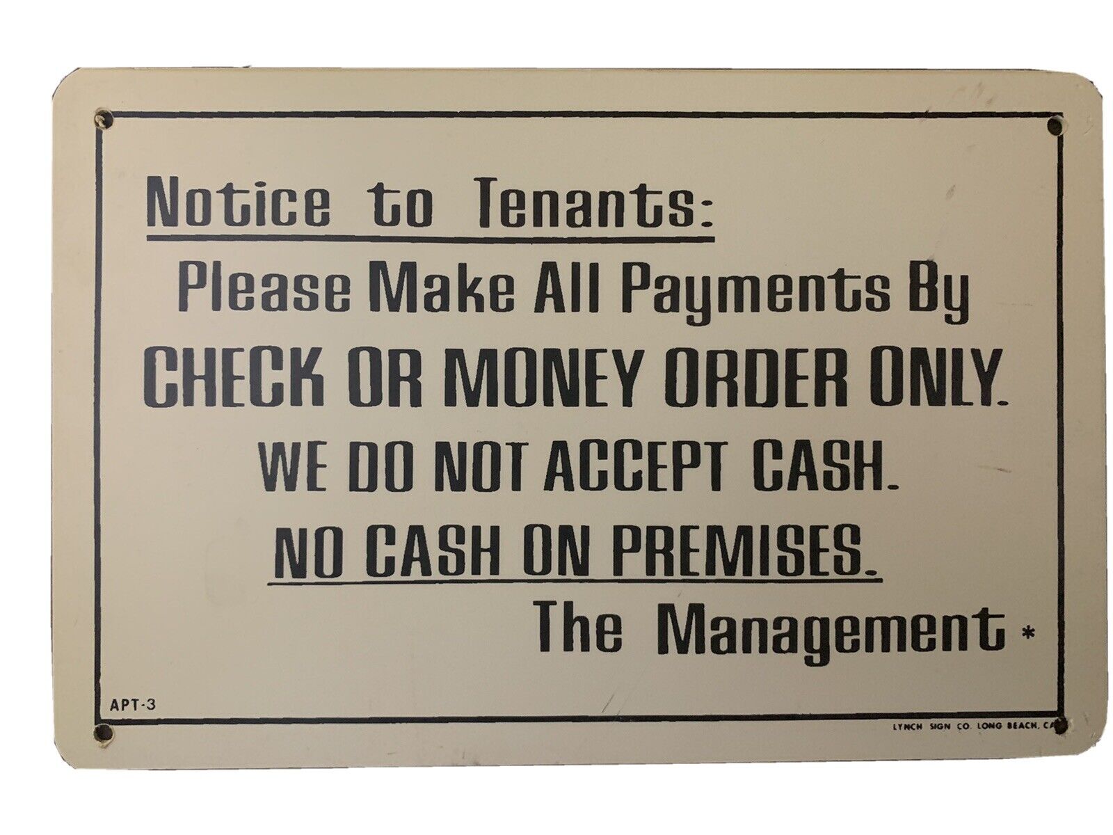 VINTAGE “Notice To Tenants” PLASTIC SIGN Lynch Sign Co. Long Beach CA