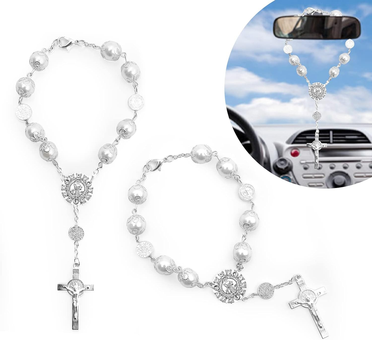 2 Pieces Car Mirror Hanging Accessories，Car Rosary with Cross Blessing Rosary, B