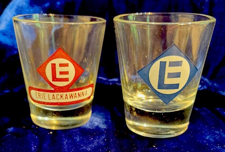 2 ERIE LACKAWANNA LOGO SHOT GLASSES. BURGUNDY/white & Blue / White. New.