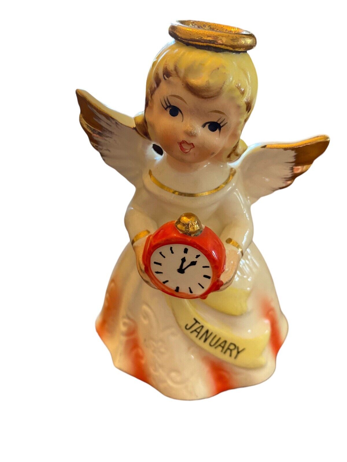 Vintage Lefton JANUARY ANGEL  Figurine Holding Clock Japan