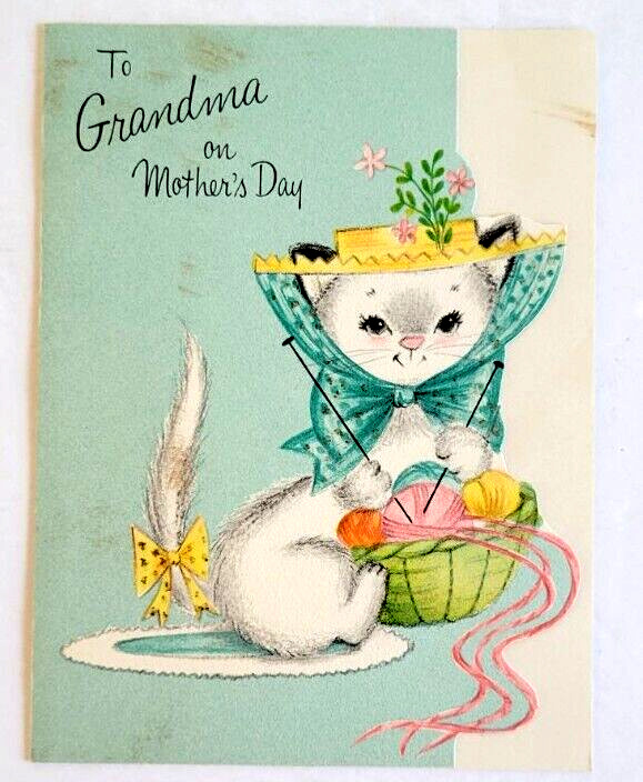 Vintage Adorable Cat Fancy Hat Knitting Grandma Mother\'s Day Hallmark Card 