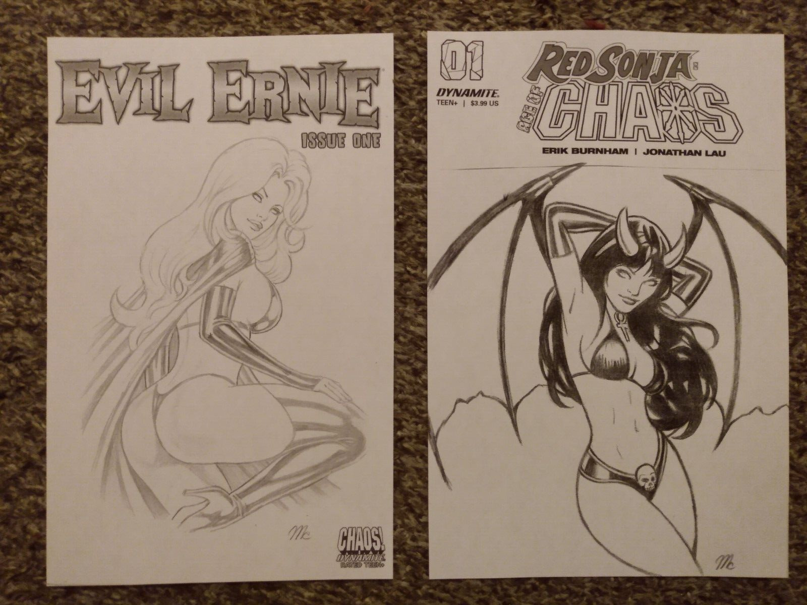 ORIGINAL LADY DEATH & PURGATORI SKETCH COVER ART DRAWINGS LOT OF 2 BY CAMPBELL