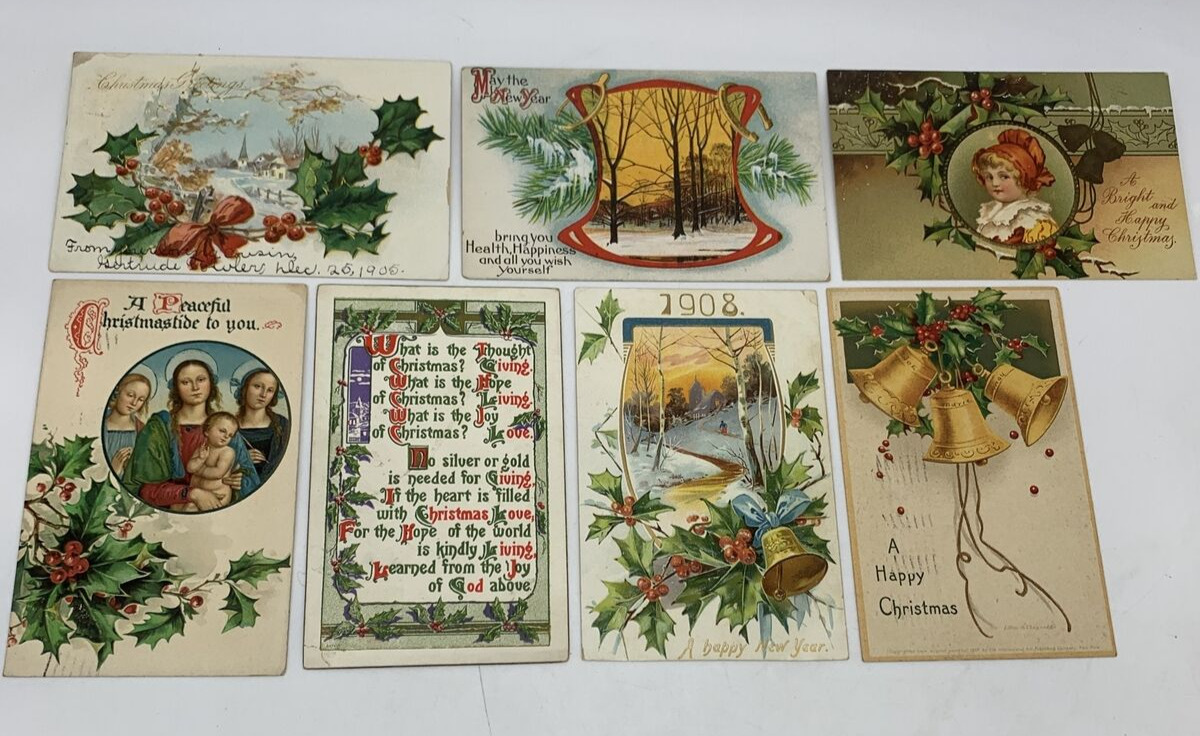 LOT of 7 1907 & 1908 Antique  Embossed Postcards A MERRY CHRISTMAS Holiday