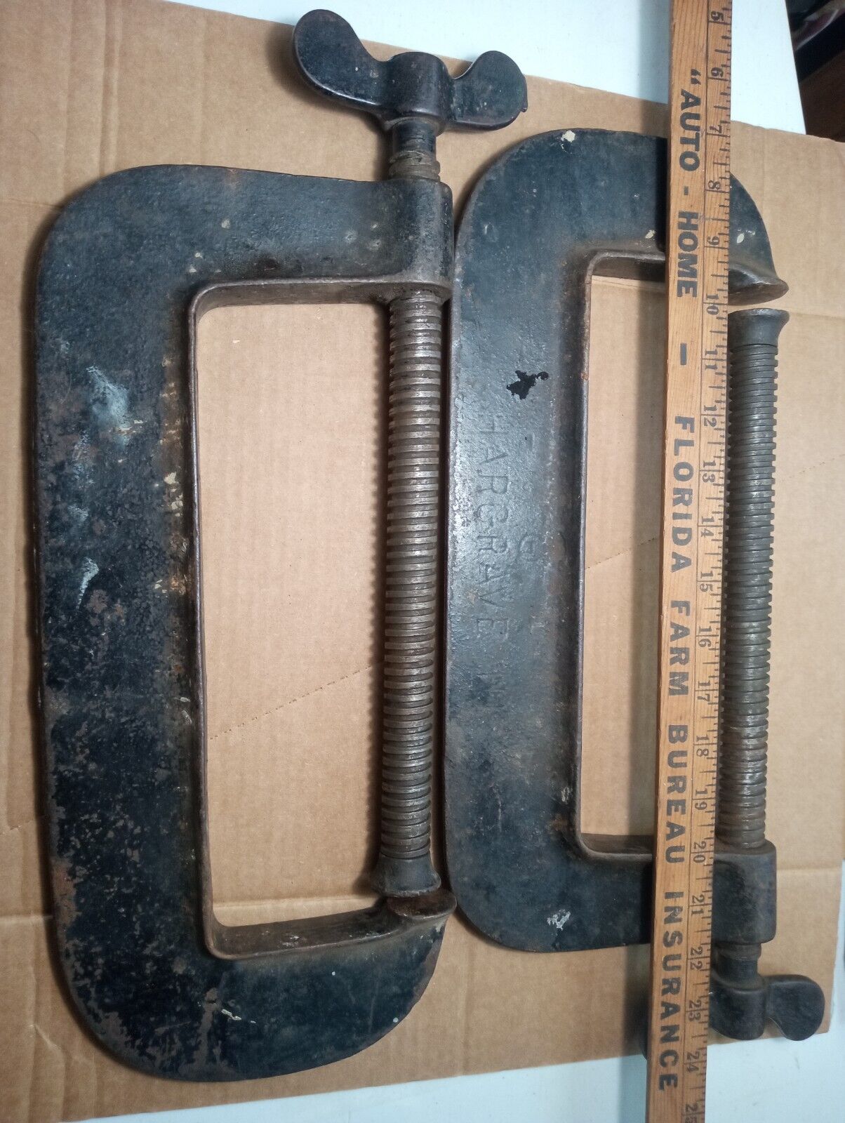 2 VINTAGE HARGRAVE 10 INCH HEAVY DUTY C CLAMPS