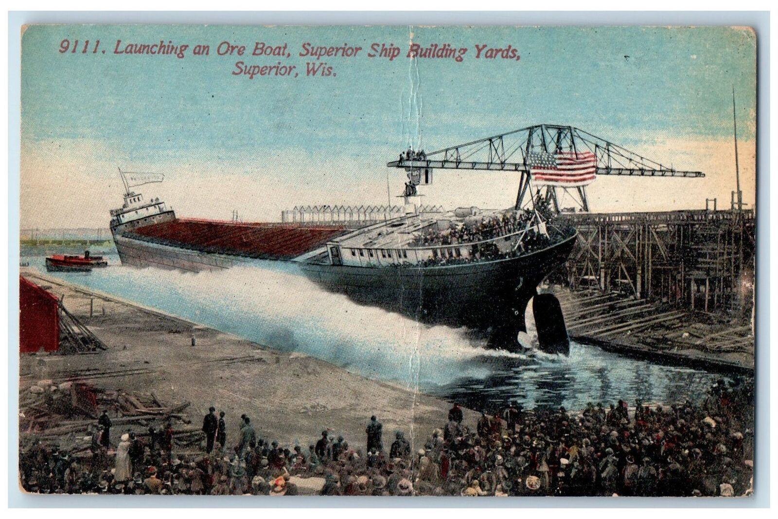 c1950\'s Launching An Ore Boat Superior Ship Building Yards Watchers WI Postcard