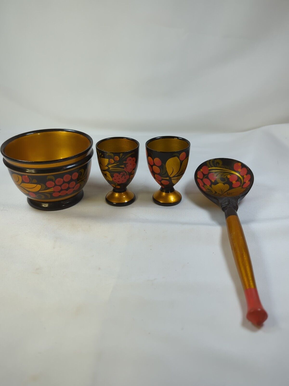 Set 4 Khokhloma Russian Traditional Wooden Hand painted Egg Holders bowl spoon 