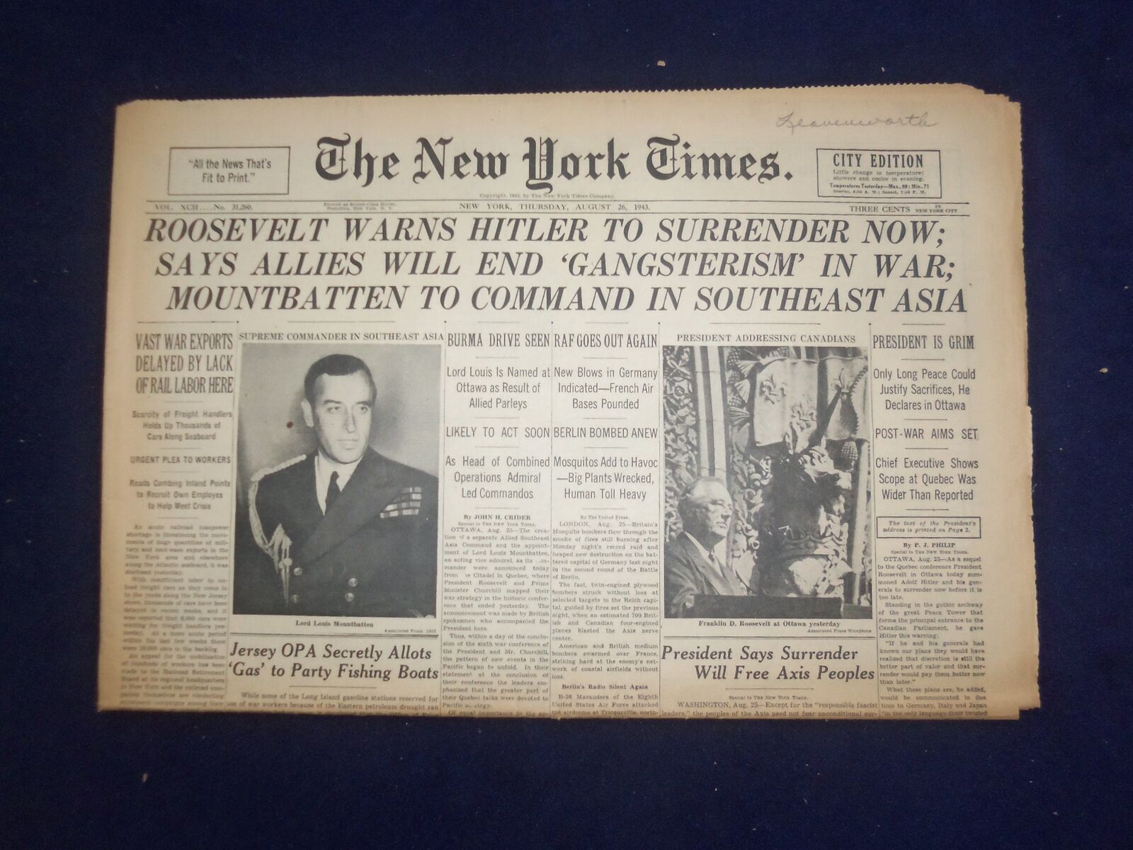 1943 AUG 26 NEW YORK TIMES - ROOSEVELT WARNS HITLER TO SURRENDER NOW - NP 6552