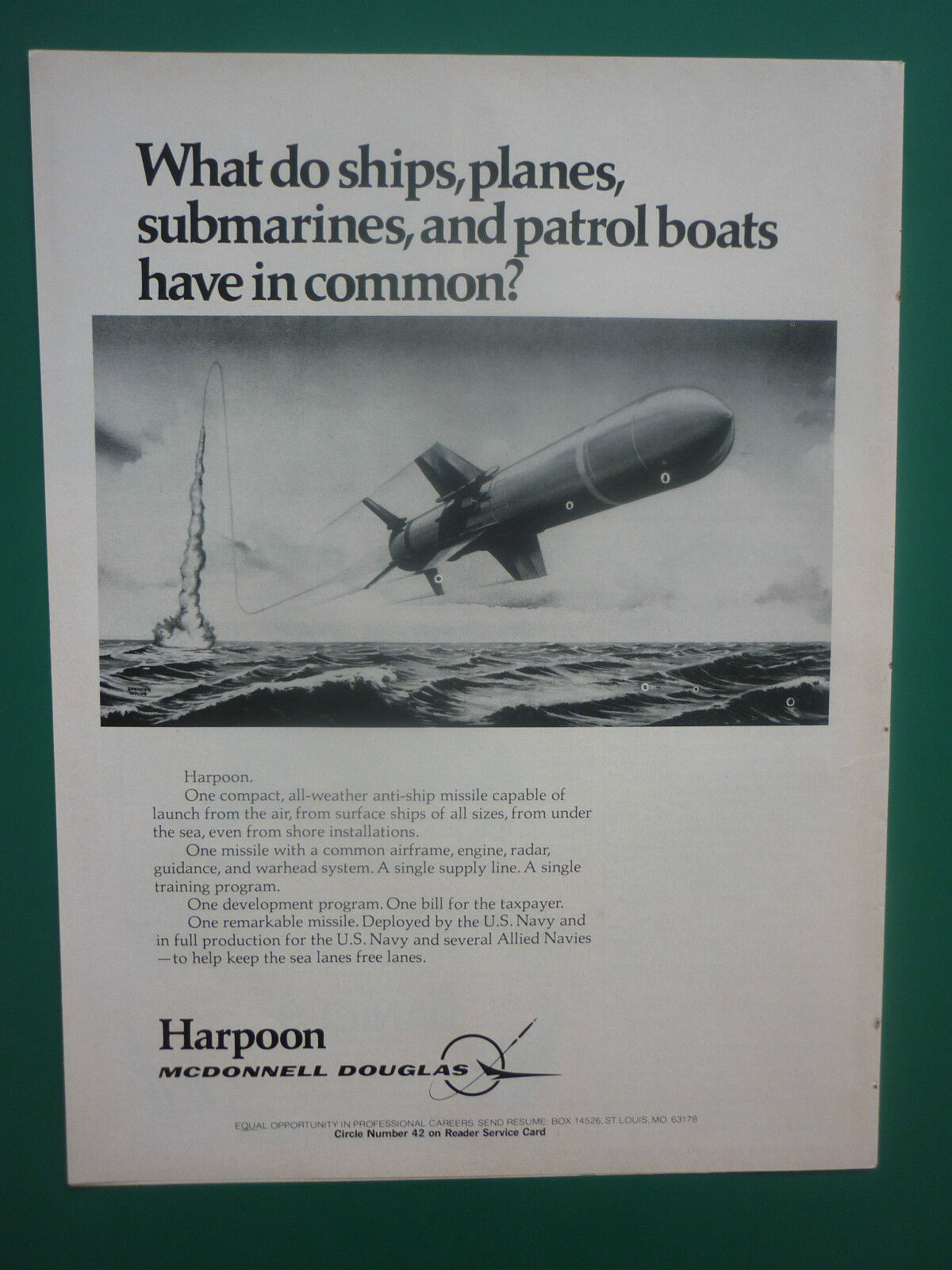 7/1978 PUB MCDONNELL DOUGLAS HARPOON ANTI SHIP MISSILE US NAVY SUBMARINE AD