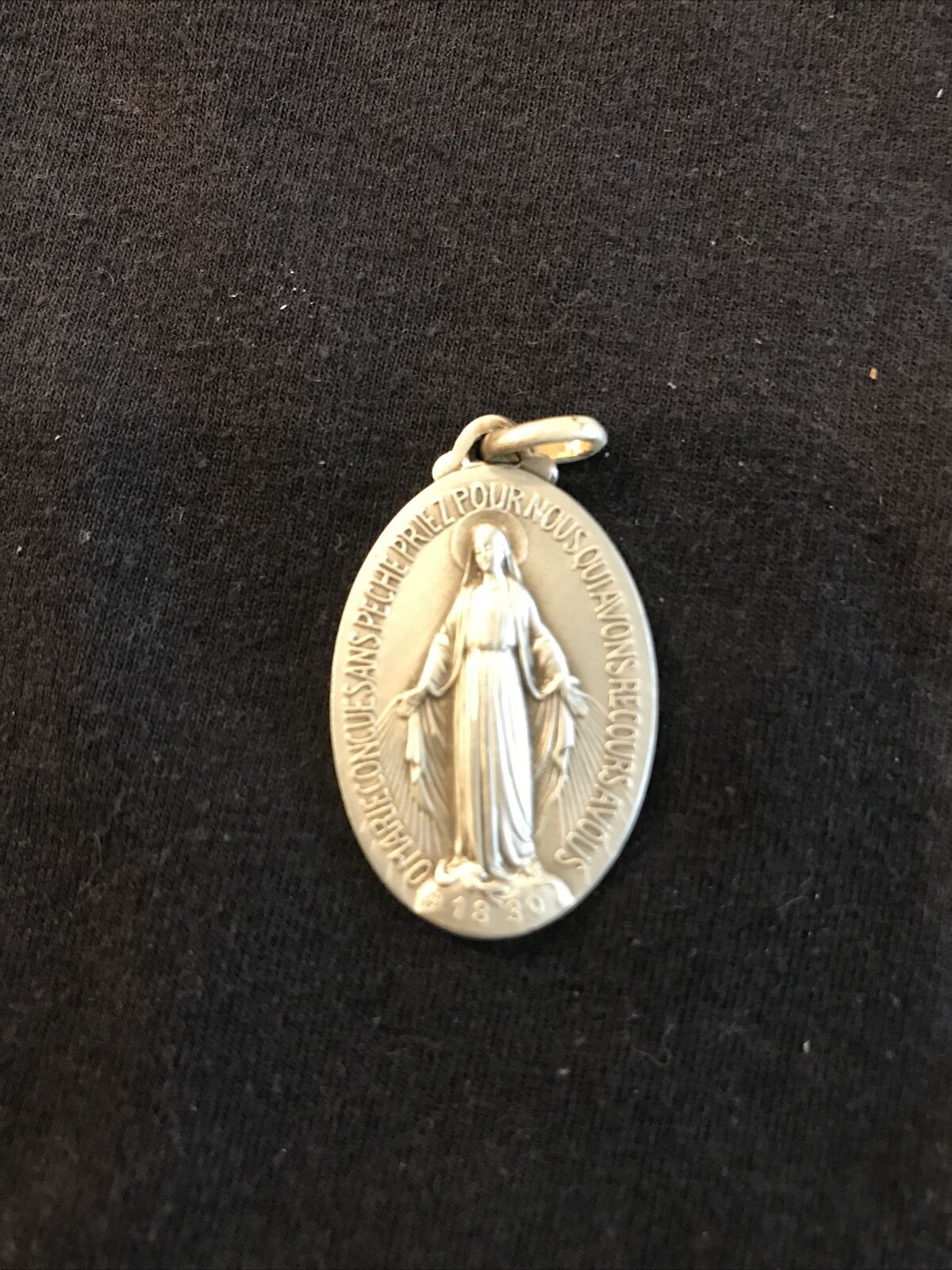 Vintage Catholic Miraculous Mary Silver Tone Religious Medal, France  1 1/4”