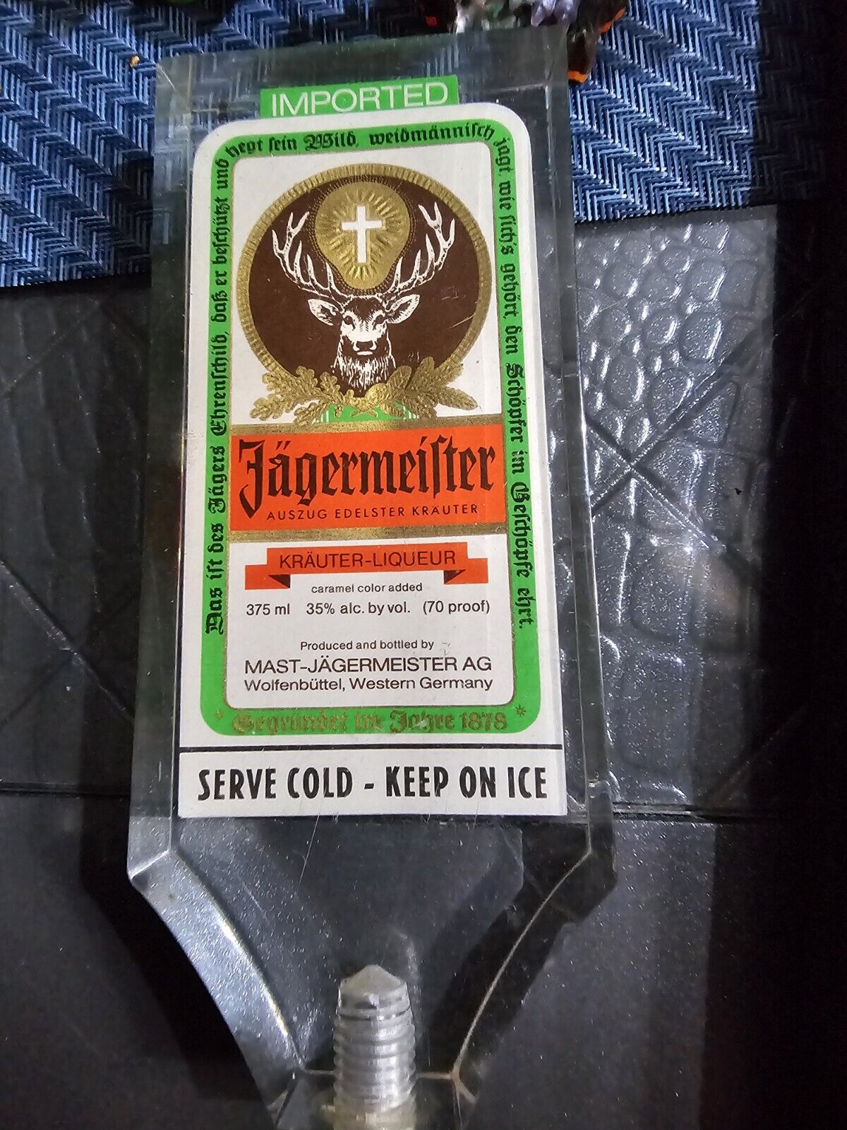 Jagermeister Tap Clear Lucite 6.5”x2.75” Logo Label  W. Germany Liquor