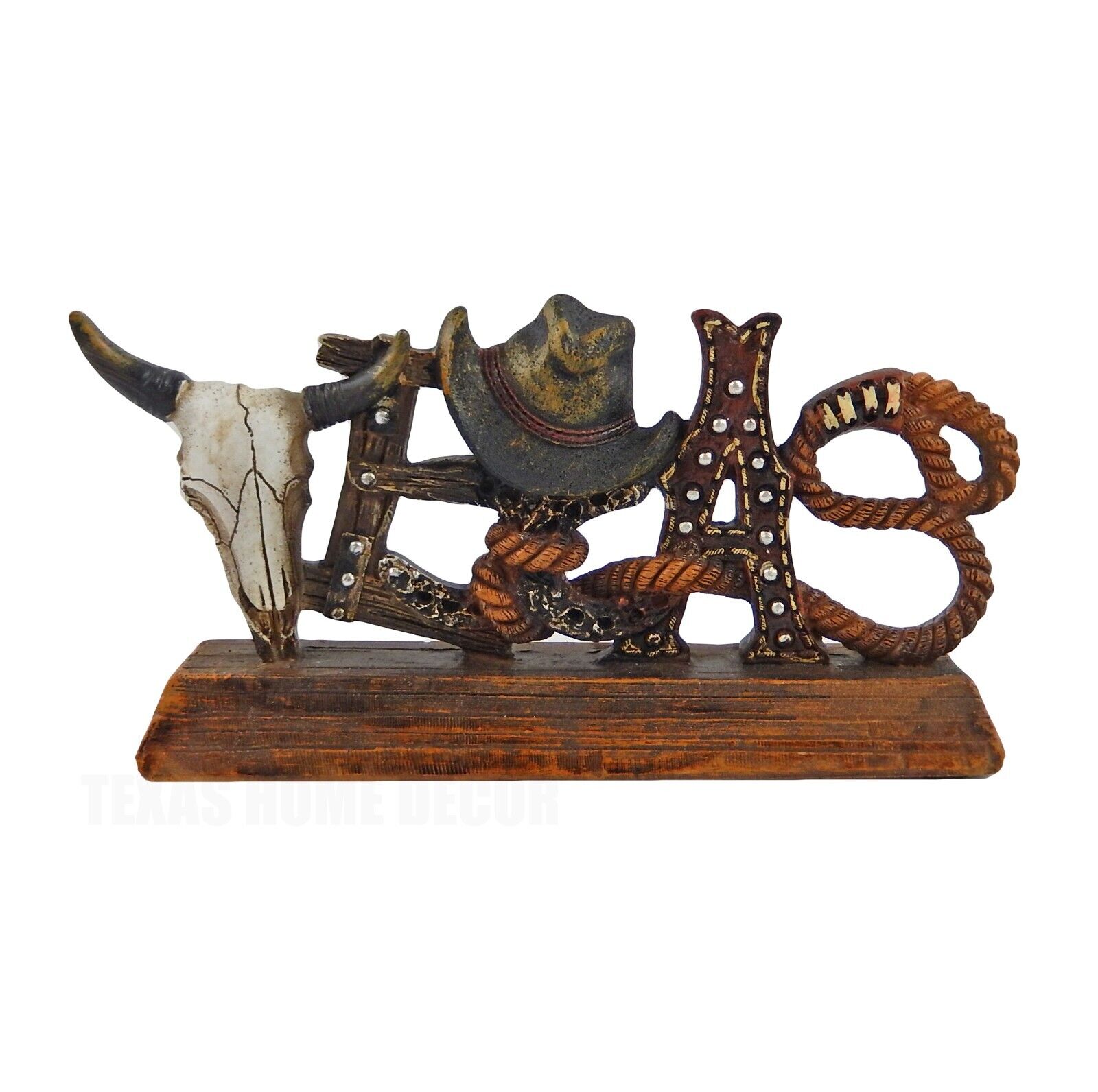 Small Texas Western Themed Table Top Decor Rustic Faux Wood Cow Skull Hat Rope